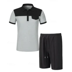 Men's T-shirt Suits 2 Pieces Outfits Tee & Shorts Short Sleeve Lapel Summer Color Block Fashion Casual Patchwork Pocket 2 Piece Vacation Daily Wear Going out Wine Dark Green khaki Top Tee for Men