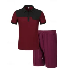 Men's T-shirt Suits 2 Pieces Outfits Tee & Shorts Short Sleeve Lapel Summer Color Block Fashion Casual Patchwork Pocket 2 Piece Vacation Daily Wear Going out Wine Dark Green khaki Top Tee for Men