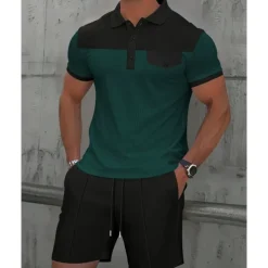 Men's T-shirt Suits 2 Pieces Outfits Tee & Shorts Short Sleeve Lapel Summer Color Block Fashion Casual Patchwork Pocket 2 Piece Vacation Daily Wear Going out Wine Dark Green khaki Top Tee for Men