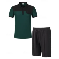 Men's T-shirt Suits 2 Pieces Outfits Tee & Shorts Short Sleeve Lapel Summer Color Block Fashion Casual Patchwork Pocket 2 Piece Vacation Daily Wear Going out Wine Dark Green khaki Top Tee for Men