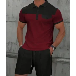 Men's T-shirt Suits 2 Pieces Outfits Tee & Shorts Short Sleeve Lapel Summer Color Block Fashion Casual Patchwork Pocket 2 Piece Vacation Daily Wear Going out Wine Dark Green khaki Top Tee for Men