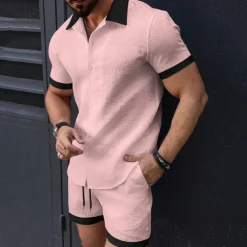 Men's T-shirt Suits 2 Pieces Outfits Tee & Shorts Short Sleeve Lapel Summer Plain Fashion Casual Patchwork 2 Piece Jacquard Vacation Daily Wear Going out Black White Pink Top Tee for Men