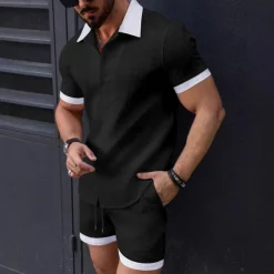 Men's T-shirt Suits 2 Pieces Outfits Tee & Shorts Short Sleeve Lapel Summer Plain Fashion Casual Patchwork 2 Piece Jacquard Vacation Daily Wear Going out Black White Pink Top Tee for Men