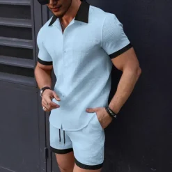 Men's T-shirt Suits 2 Pieces Outfits Tee & Shorts Short Sleeve Lapel Summer Plain Fashion Casual Patchwork 2 Piece Jacquard Vacation Daily Wear Going out Black White Pink Top Tee for Men