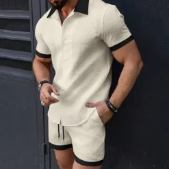 Men's T-shirt Suits 2 Pieces Outfits Tee & Shorts Short Sleeve Lapel Summer Plain Fashion Casual Patchwork 2 Piece Jacquard Vacation Daily Wear Going out Black White Pink Top Tee for Men