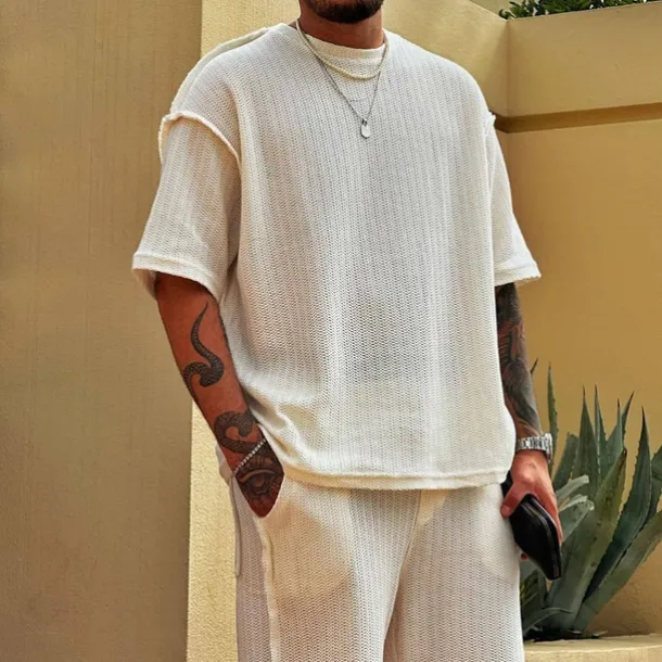 Men's T-shirt Suits 2 Pieces Outfits Tee & Shorts Short Sleeve Crew Neck Summer Plain Fashion Casual 2 Piece Vacation Daily Wear Going out Beige Top Tee for Men