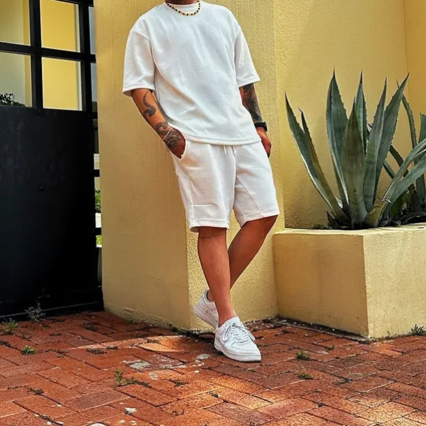 Men's T-shirt Suits 2 Pieces Outfits Tee & Shorts Short Sleeve Crew Neck Summer Plain Fashion Casual 2 Piece Vacation Daily Wear Going out Beige Top Tee for Men