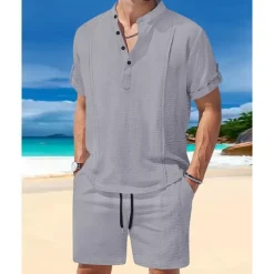 Men's T-shirt Suits 2 Pieces Outfits Tee & Shorts Short Sleeve Henley Summer Plain Fashion Casual 2 Piece Vacation Daily Wear Going out White Royal Blue Brown Top Tee for Men