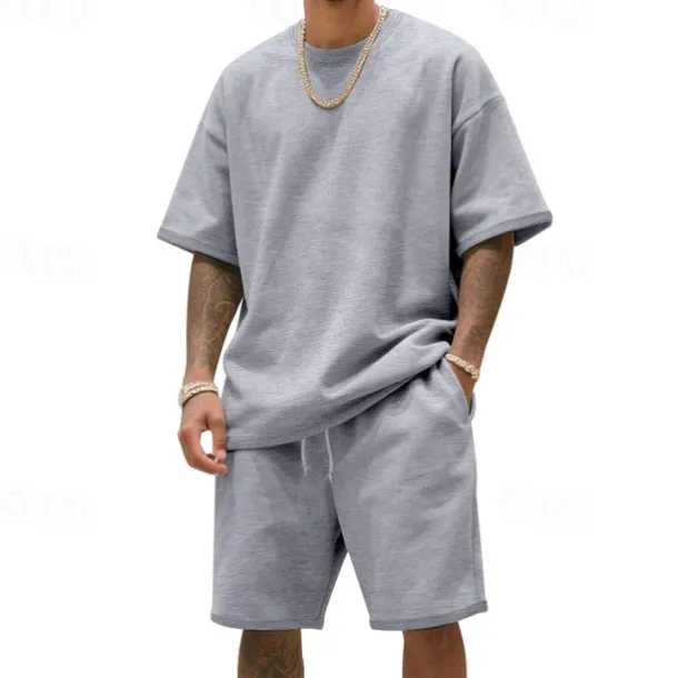 Men's T-shirt Suits 2 Pieces Outfits Tee & Shorts Short Sleeve Crew Neck Summer Plain Fashion Casual 2 Piece Vacation Daily Wear Going out Black White Navy Blue Top Tee for Men