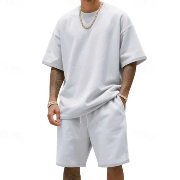 Men's T-shirt Suits 2 Pieces Outfits Tee & Shorts Short Sleeve Crew Neck Summer Plain Fashion Casual 2 Piece Vacation Daily Wear Going out Black White Navy Blue Top Tee for Men