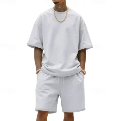 Men's T-shirt Suits 2 Pieces Outfits Tee & Shorts Short Sleeve Crew Neck Summer Plain Fashion Casual 2 Piece Vacation Daily Wear Going out Black White Navy Blue Top Tee for Men