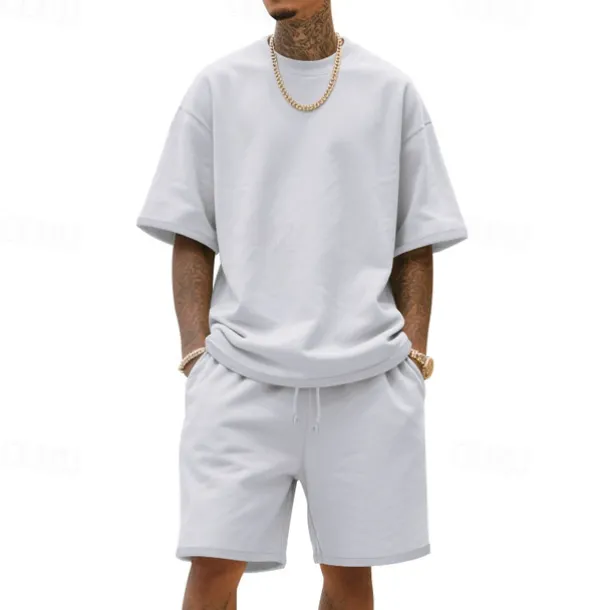 Men's T-shirt Suits 2 Pieces Outfits Tee & Shorts Short Sleeve Crew Neck Summer Plain Fashion Casual 2 Piece Vacation Daily Wear Going out Black White Navy Blue Top Tee for Men