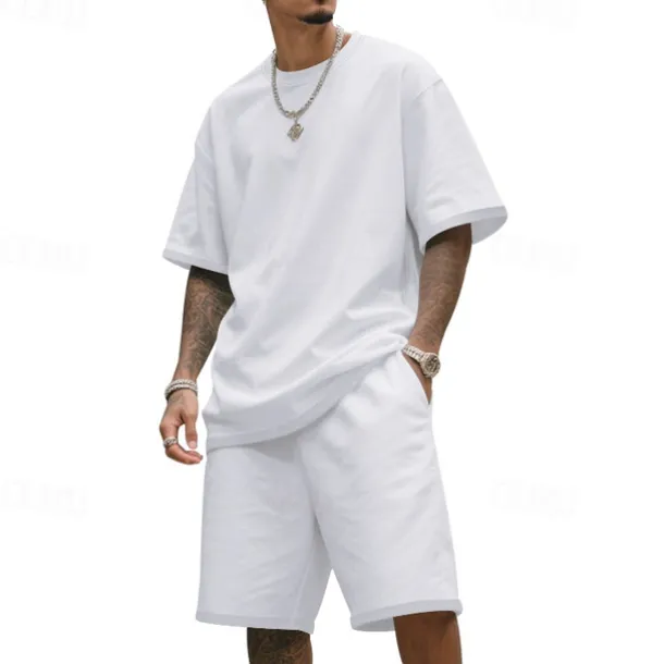 Men's T-shirt Suits 2 Pieces Outfits Tee & Shorts Short Sleeve Crew Neck Summer Plain Fashion Casual 2 Piece Vacation Daily Wear Going out Black White Navy Blue Top Tee for Men