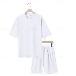 Men's T-shirt Suits 2 Pieces Outfits Tee & Shorts Short Sleeve Crew Neck Summer Plain Fashion Casual 2 Piece Vacation Daily Wear Going out Black White Navy Blue Top Tee for Men