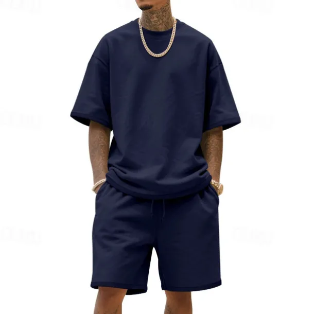 Men's T-shirt Suits 2 Pieces Outfits Tee & Shorts Short Sleeve Crew Neck Summer Plain Fashion Casual 2 Piece Vacation Daily Wear Going out Black White Navy Blue Top Tee for Men