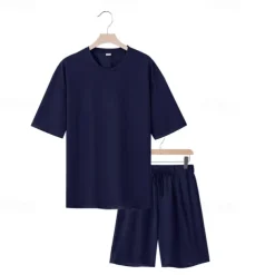 Men's T-shirt Suits 2 Pieces Outfits Tee & Shorts Short Sleeve Crew Neck Summer Plain Fashion Casual 2 Piece Vacation Daily Wear Going out Black White Navy Blue Top Tee for Men