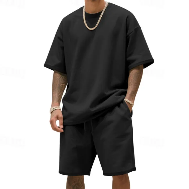 Men's T-shirt Suits 2 Pieces Outfits Tee & Shorts Short Sleeve Crew Neck Summer Plain Fashion Casual 2 Piece Vacation Daily Wear Going out Black White Navy Blue Top Tee for Men