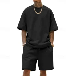 Men's T-shirt Suits 2 Pieces Outfits Tee & Shorts Short Sleeve Crew Neck Summer Plain Fashion Casual 2 Piece Vacation Daily Wear Going out Black White Navy Blue Top Tee for Men