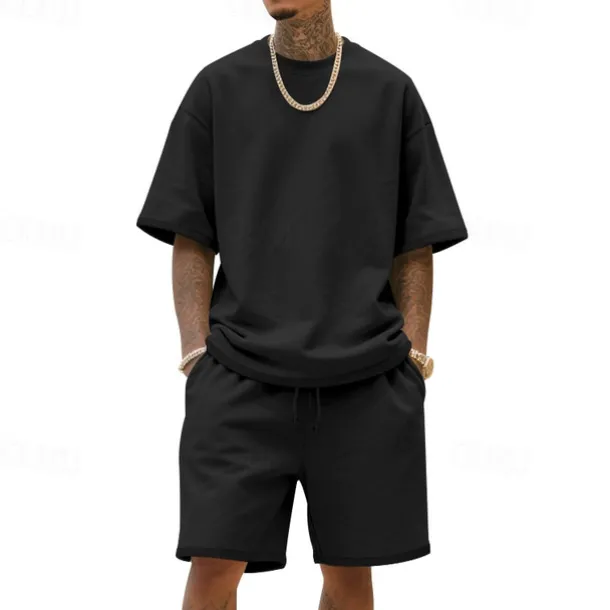 Men's T-shirt Suits 2 Pieces Outfits Tee & Shorts Short Sleeve Crew Neck Summer Plain Fashion Casual 2 Piece Vacation Daily Wear Going out Black White Navy Blue Top Tee for Men