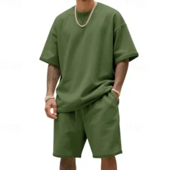 Men's T-shirt Suits 2 Pieces Outfits Tee & Shorts Short Sleeve Crew Neck Summer Plain Fashion Casual 2 Piece Vacation Daily Wear Going out Black White Navy Blue Top Tee for Men