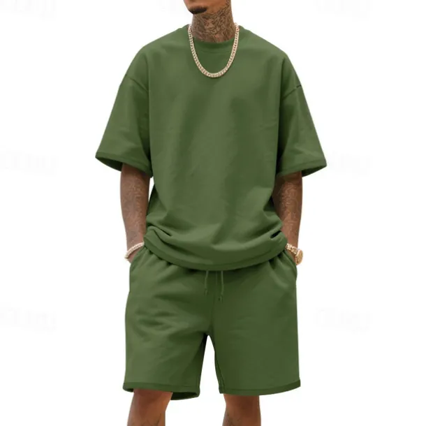 Men's T-shirt Suits 2 Pieces Outfits Tee & Shorts Short Sleeve Crew Neck Summer Plain Fashion Casual 2 Piece Vacation Daily Wear Going out Black White Navy Blue Top Tee for Men