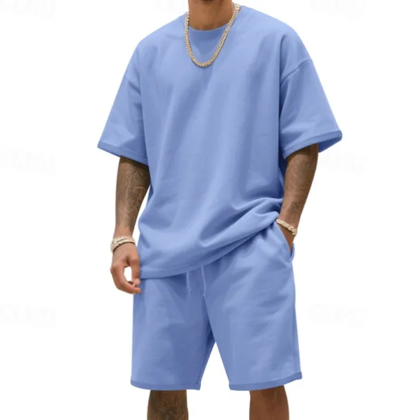 Men's T-shirt Suits 2 Pieces Outfits Tee & Shorts Short Sleeve Crew Neck Summer Plain Fashion Casual 2 Piece Vacation Daily Wear Going out Black White Navy Blue Top Tee for Men