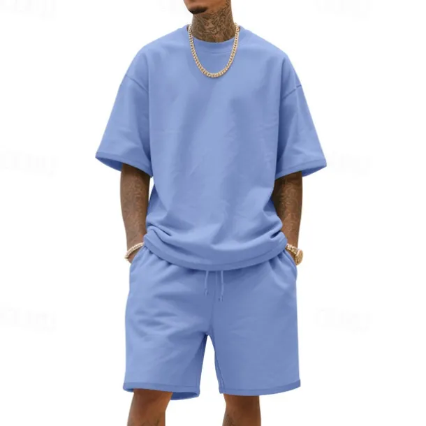 Men's T-shirt Suits 2 Pieces Outfits Tee & Shorts Short Sleeve Crew Neck Summer Plain Fashion Casual 2 Piece Vacation Daily Wear Going out Black White Navy Blue Top Tee for Men