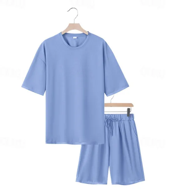 Men's T-shirt Suits 2 Pieces Outfits Tee & Shorts Short Sleeve Crew Neck Summer Plain Fashion Casual 2 Piece Vacation Daily Wear Going out Black White Navy Blue Top Tee for Men