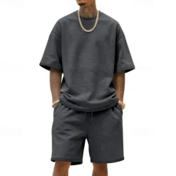 Men's T-shirt Suits 2 Pieces Outfits Tee & Shorts Short Sleeve Crew Neck Summer Plain Fashion Casual 2 Piece Vacation Daily Wear Going out Black White Navy Blue Top Tee for Men