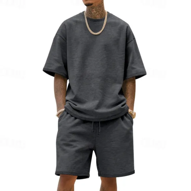 Men's T-shirt Suits 2 Pieces Outfits Tee & Shorts Short Sleeve Crew Neck Summer Plain Fashion Casual 2 Piece Vacation Daily Wear Going out Black White Navy Blue Top Tee for Men