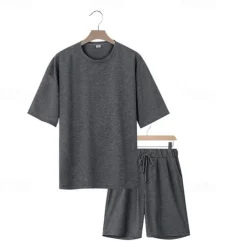 Men's T-shirt Suits 2 Pieces Outfits Tee & Shorts Short Sleeve Crew Neck Summer Plain Fashion Casual 2 Piece Vacation Daily Wear Going out Black White Navy Blue Top Tee for Men