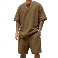 Men's T-shirt Suits 2 Pieces Outfits Tee & Shorts Short Sleeve Crew Neck Summer Plain Fashion Casual 2 Piece Vacation Daily Wear Going out Black White Navy Blue Top Tee for Men