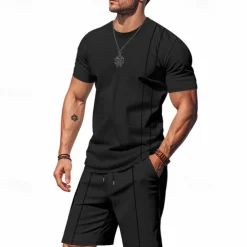 Men's T-shirt Suits 2 Pieces Outfits Tee & Shorts Short Sleeve Crew Neck Summer Plain Fashion Casual 2 Piece Vacation Daily Wear Going out Black White Royal Blue Top Tee for Men