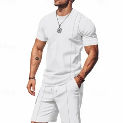 Men's T-shirt Suits 2 Pieces Outfits Tee & Shorts Short Sleeve Crew Neck Summer Plain Fashion Casual 2 Piece Vacation Daily Wear Going out Black White Royal Blue Top Tee for Men