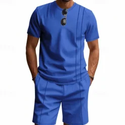 Men's T-shirt Suits 2 Pieces Outfits Tee & Shorts Short Sleeve Crew Neck Summer Plain Fashion Casual 2 Piece Vacation Daily Wear Going out Black White Royal Blue Top Tee for Men