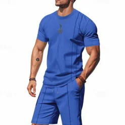Men's T-shirt Suits 2 Pieces Outfits Tee & Shorts Short Sleeve Crew Neck Summer Plain Fashion Casual 2 Piece Vacation Daily Wear Going out Black White Royal Blue Top Tee for Men