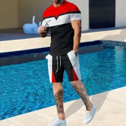 Men's T-shirt Suits 2 Pieces Outfits Tee & Shorts Short Sleeve Crewneck Summer Color Block Fashion Casual 2 Piece Vacation Daily Wear Going out Black Blue Yellow Top Tee for Men