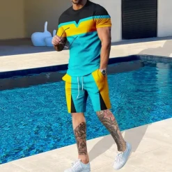 Men's T-shirt Suits 2 Pieces Outfits Tee & Shorts Short Sleeve Crewneck Summer Color Block Fashion Casual 2 Piece Vacation Daily Wear Going out Black Blue Yellow Top Tee for Men