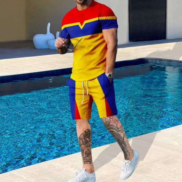 Men's T-shirt Suits 2 Pieces Outfits Tee & Shorts Short Sleeve Crewneck Summer Color Block Fashion Casual 2 Piece Vacation Daily Wear Going out Black Blue Yellow Top Tee for Men