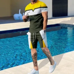 Men's T-shirt Suits 2 Pieces Outfits Tee & Shorts Short Sleeve Crewneck Summer Color Block Fashion Casual 2 Piece Vacation Daily Wear Going out Black Blue Yellow Top Tee for Men