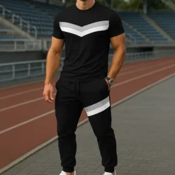 Men's T-shirt Suits Shirt and Pant Sets 2 Pieces Outfits Short Sleeve Crewneck Summer Color Block Fashion Casual Patchwork 2 Piece Vacation Daily Wear Going out Black Gray Top Tee for Men