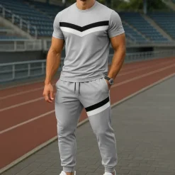 Men's T-shirt Suits Shirt and Pant Sets 2 Pieces Outfits Short Sleeve Crewneck Summer Color Block Fashion Casual Patchwork 2 Piece Vacation Daily Wear Going out Black Gray Top Tee for Men