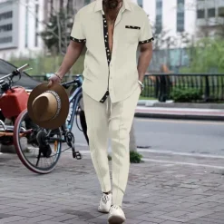 Men's T-shirt Suits Shirt and Pant Sets 2 Pieces Outfits Short Sleeve Lapel Summer Color Block Fashion Casual 2 Piece Vacation Daily Wear Going out Black White Wine Top Tee for Men