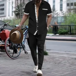 Men's T-shirt Suits Shirt and Pant Sets 2 Pieces Outfits Short Sleeve Lapel Summer Color Block Fashion Casual 2 Piece Vacation Daily Wear Going out Black White Wine Top Tee for Men