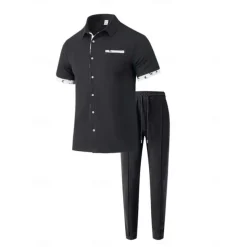 Men's T-shirt Suits Shirt and Pant Sets 2 Pieces Outfits Short Sleeve Lapel Summer Color Block Fashion Casual 2 Piece Vacation Daily Wear Going out Black White Wine Top Tee for Men