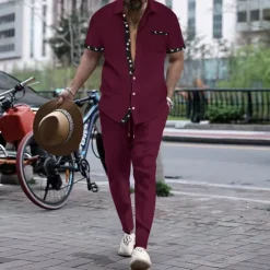 Men's T-shirt Suits Shirt and Pant Sets 2 Pieces Outfits Short Sleeve Lapel Summer Color Block Fashion Casual 2 Piece Vacation Daily Wear Going out Black White Wine Top Tee for Men