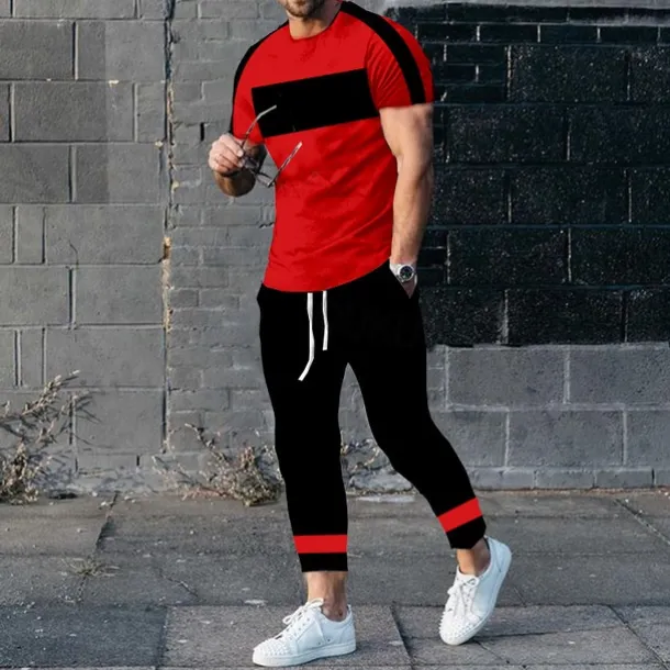 Men's T-shirt Suits Shirt and Pant Sets 2 Pieces Outfits Short Sleeve Crewneck Summer Color Block Fashion Casual 2 Piece Vacation Daily Wear Going out Black White Yellow Top Tee for Men