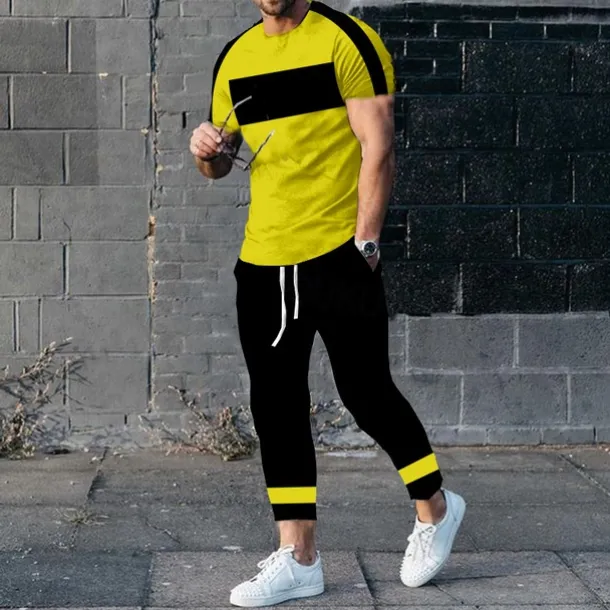 Men's T-shirt Suits Shirt and Pant Sets 2 Pieces Outfits Short Sleeve Crewneck Summer Color Block Fashion Casual 2 Piece Vacation Daily Wear Going out Black White Yellow Top Tee for Men