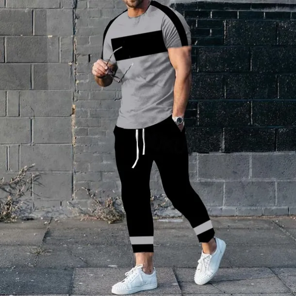 Men's T-shirt Suits Shirt and Pant Sets 2 Pieces Outfits Short Sleeve Crewneck Summer Color Block Fashion Casual 2 Piece Vacation Daily Wear Going out Black White Yellow Top Tee for Men