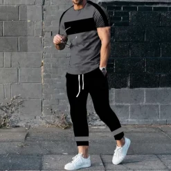 Men's T-shirt Suits Shirt and Pant Sets 2 Pieces Outfits Short Sleeve Crewneck Summer Color Block Fashion Casual 2 Piece Vacation Daily Wear Going out Black White Yellow Top Tee for Men